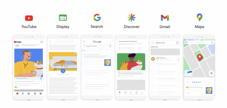 Smartphones displaying various Google apps including YouTube, Search, and Maps.